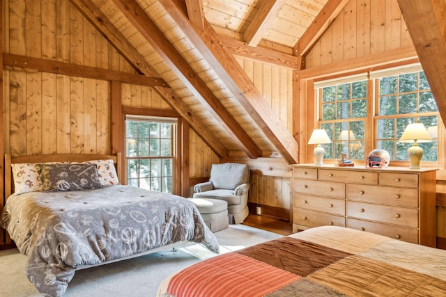 bedroom featuring wooden walls, lofted ceiling with beams, and wooden ceiling