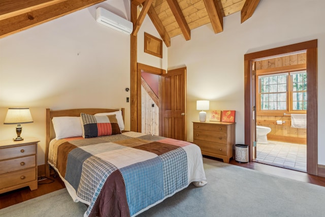 bedroom with ensuite bath, a wall mounted air conditioner, high vaulted ceiling, wooden ceiling, and beam ceiling