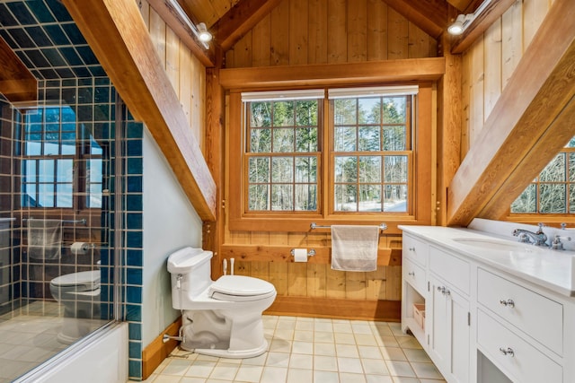 full bathroom with vanity, a wealth of natural light, wooden walls, and enclosed tub / shower combo