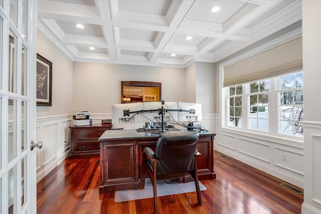 home office with beamed ceiling, coffered ceiling, dark hardwood / wood-style floors, and crown molding