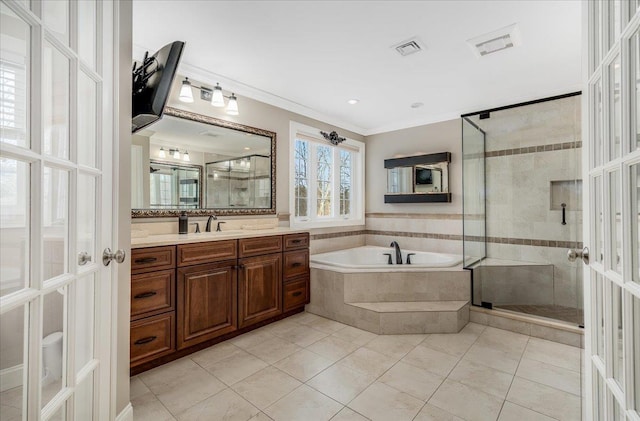 bathroom with ornamental molding, vanity, independent shower and bath, and tile patterned floors