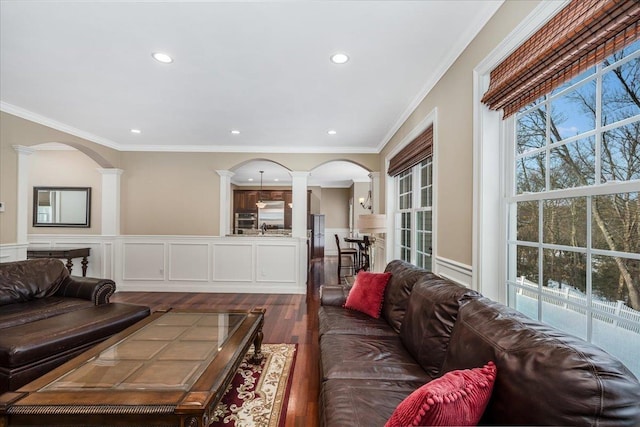 living room featuring ornate columns, ornamental molding, dark wood-type flooring, and sink