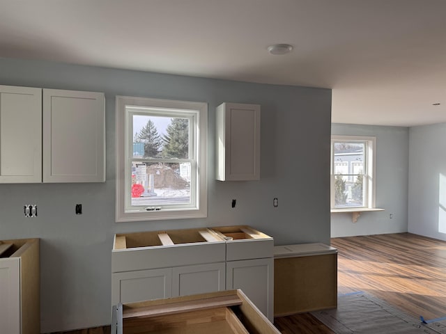 kitchen with wood-type flooring and white cabinets