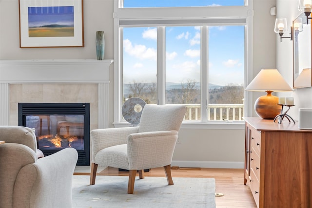 sitting room featuring a mountain view and light hardwood / wood-style flooring