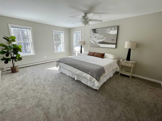 carpeted bedroom with ceiling fan and baseboard heating