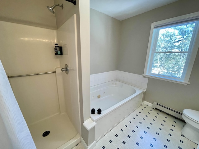 bathroom featuring toilet, a baseboard radiator, and plus walk in shower