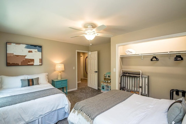 carpeted bedroom with ceiling fan and a closet