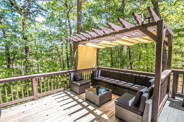 wooden terrace featuring an outdoor living space and a pergola