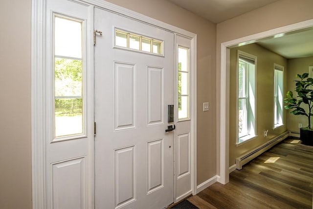 entryway with dark hardwood / wood-style flooring and baseboard heating