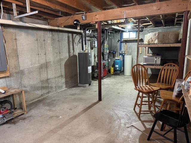 basement featuring electric panel and electric water heater