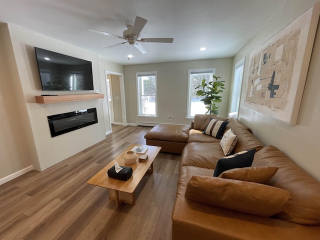 living room with wood-type flooring and ceiling fan