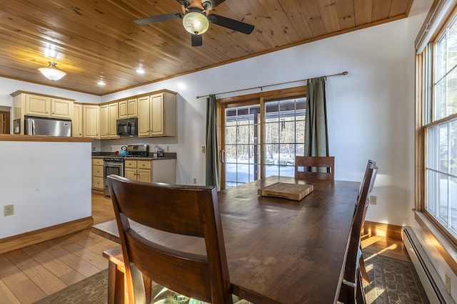 dining room with wooden ceiling, light wood-type flooring, a baseboard radiator, ornamental molding, and ceiling fan