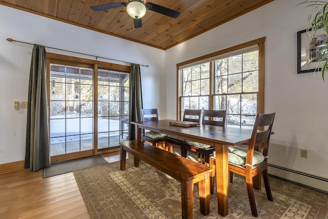 dining area featuring wood-type flooring, ornamental molding, a baseboard heating unit, ceiling fan, and wood ceiling