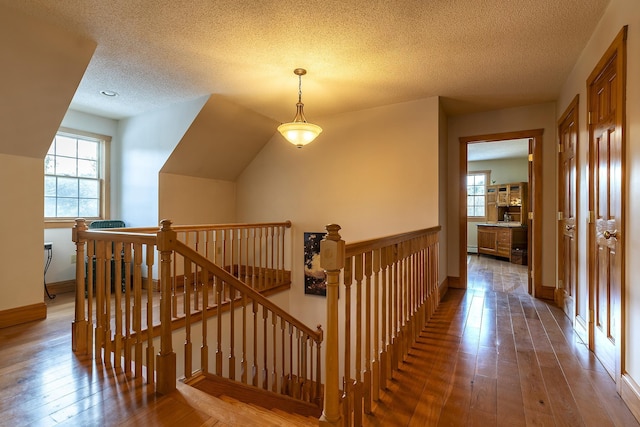 hall with wood-type flooring, a healthy amount of sunlight, and a textured ceiling