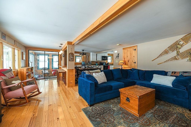 living room with beam ceiling and light hardwood / wood-style floors