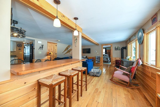 kitchen featuring pendant lighting, light hardwood / wood-style floors, and a wood stove