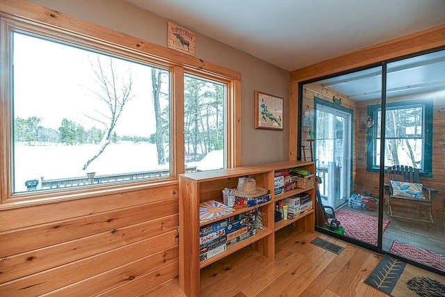 doorway with hardwood / wood-style floors and plenty of natural light