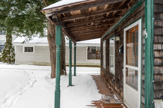 view of snow covered patio