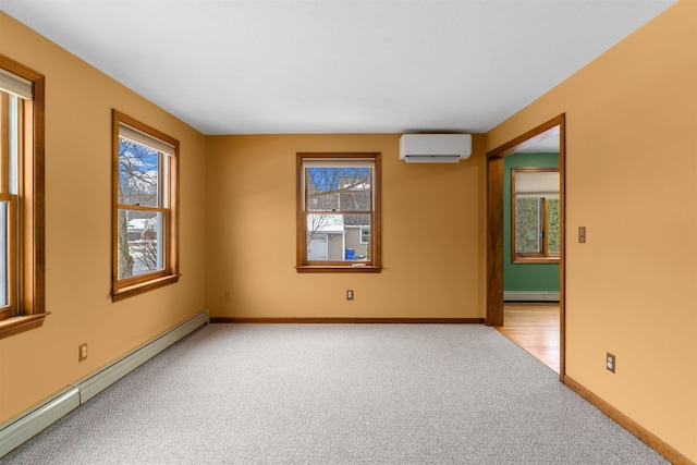 carpeted empty room with a healthy amount of sunlight, a wall mounted air conditioner, and a baseboard heating unit