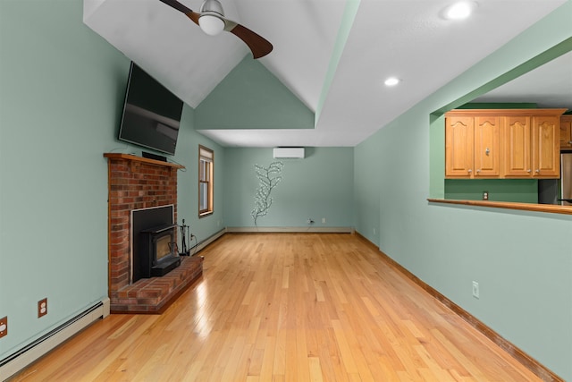 unfurnished living room featuring lofted ceiling, ceiling fan, a wall mounted AC, a baseboard radiator, and light wood-type flooring