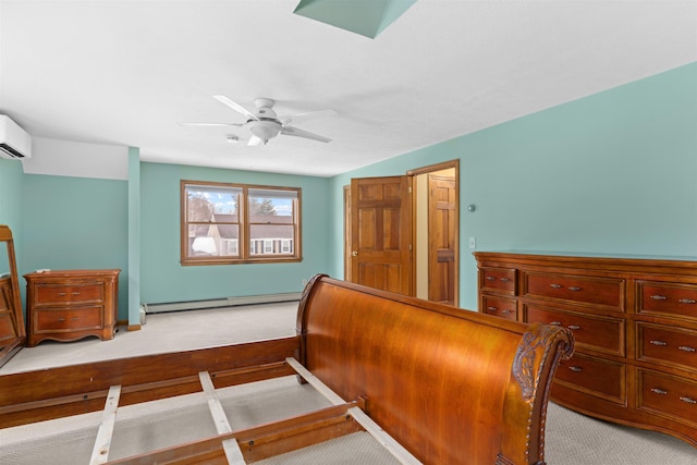 carpeted bedroom with a baseboard heating unit, a wall mounted air conditioner, and ceiling fan