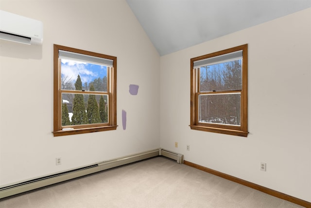 carpeted empty room with an AC wall unit, a baseboard heating unit, and lofted ceiling