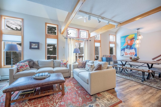 living room with hardwood / wood-style floors, rail lighting, and a baseboard heating unit