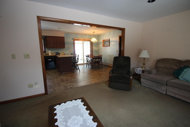 living room featuring dark carpet