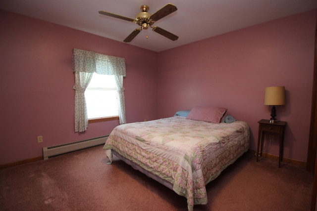 bedroom with ceiling fan, a baseboard radiator, and carpet floors