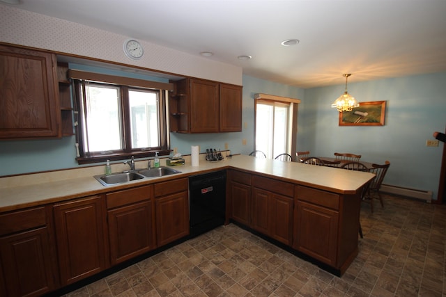 kitchen featuring sink, a baseboard radiator, kitchen peninsula, dishwasher, and pendant lighting