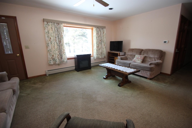 living room featuring ceiling fan, light carpet, and baseboard heating