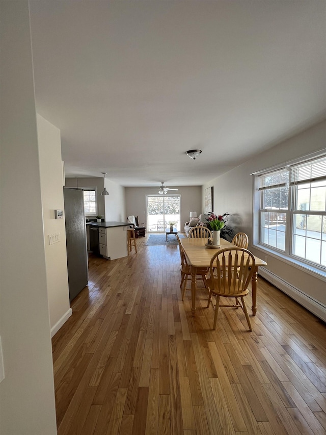 dining area with wood-type flooring and ceiling fan