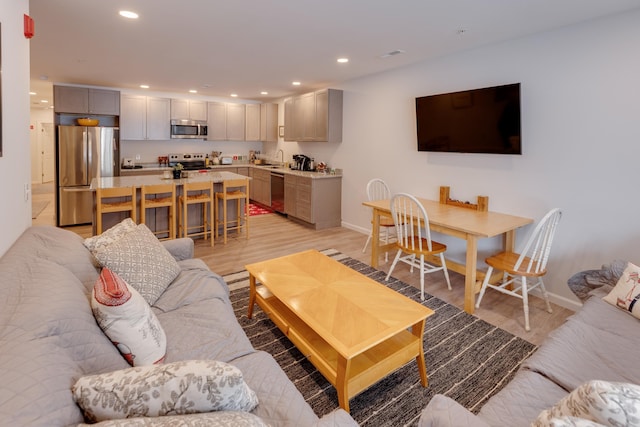 living room featuring sink and light hardwood / wood-style floors