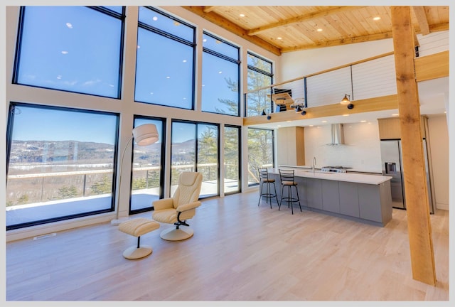 interior space featuring wood ceiling, light hardwood / wood-style floors, stainless steel refrigerator with ice dispenser, a mountain view, and wall chimney range hood