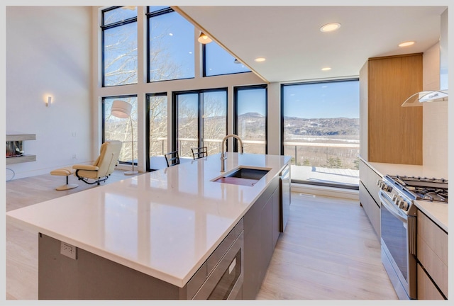 kitchen with sink, stainless steel appliances, a wealth of natural light, an island with sink, and wall chimney exhaust hood