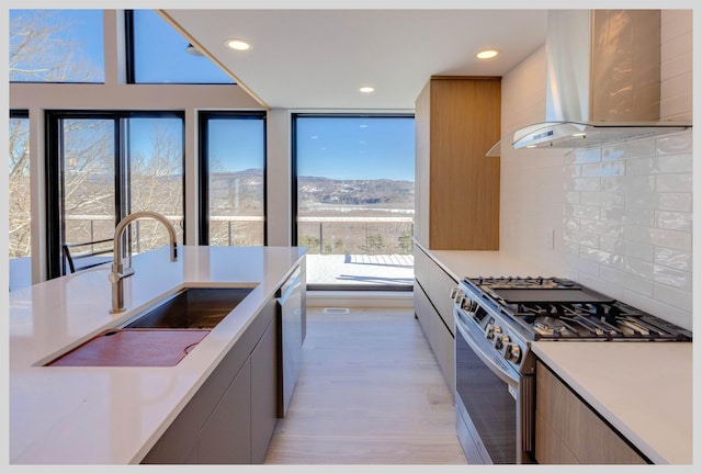 kitchen with sink, appliances with stainless steel finishes, a mountain view, decorative backsplash, and wall chimney range hood