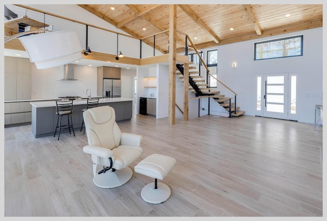 living room featuring wood ceiling, beam ceiling, high vaulted ceiling, and light wood-type flooring