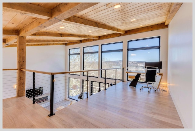 office with wood ceiling, light hardwood / wood-style floors, and beamed ceiling