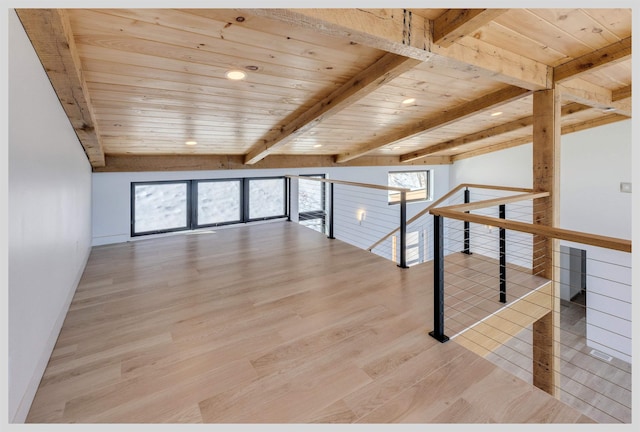 bonus room with beamed ceiling, wood ceiling, and light hardwood / wood-style flooring