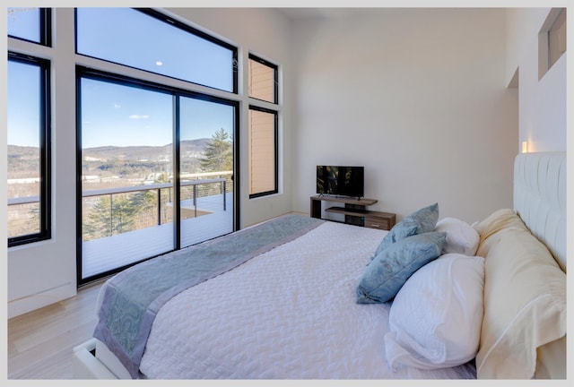 bedroom featuring access to outside and light wood-type flooring