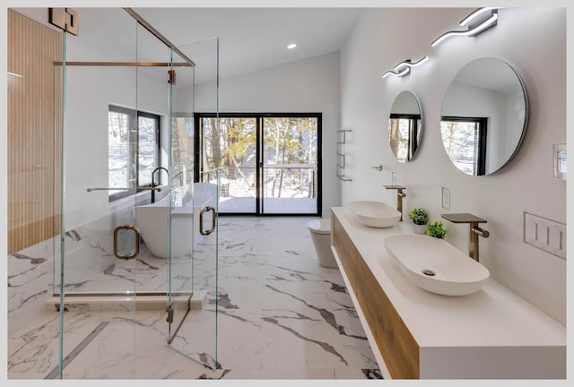 bathroom with lofted ceiling, vanity, and a shower with shower door