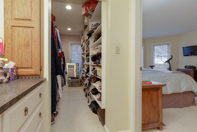 spacious closet featuring light carpet