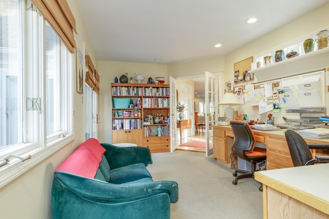 office space with light colored carpet