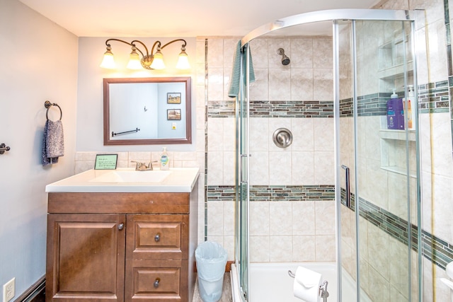 bathroom featuring vanity and walk in shower