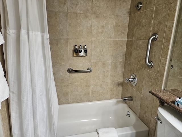 bathroom with shower / bath combination with curtain and toilet