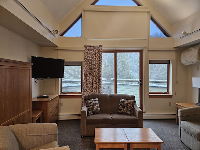 carpeted living room with a baseboard heating unit and high vaulted ceiling