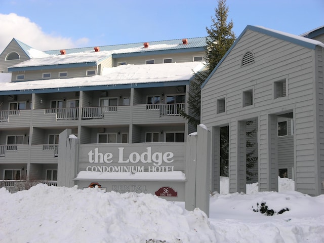 view of snow covered building