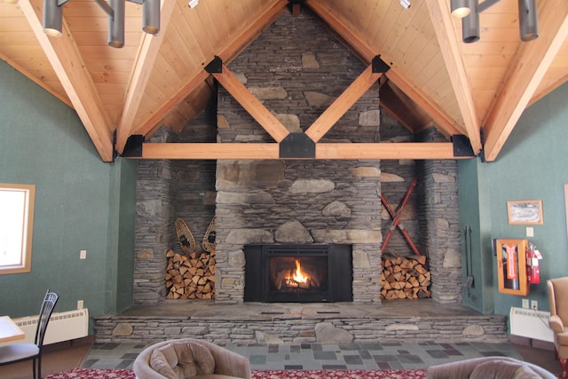 unfurnished living room with lofted ceiling with beams and a fireplace