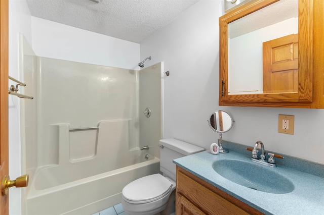 full bathroom featuring vanity,  shower combination, a textured ceiling, and toilet