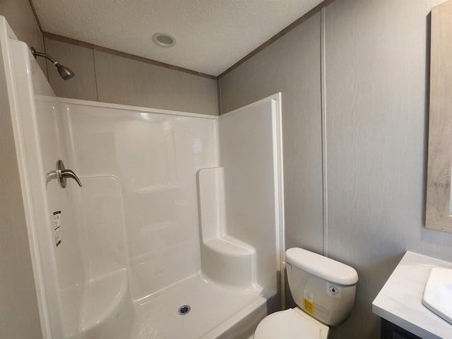 bathroom with vanity, a textured ceiling, and walk in shower